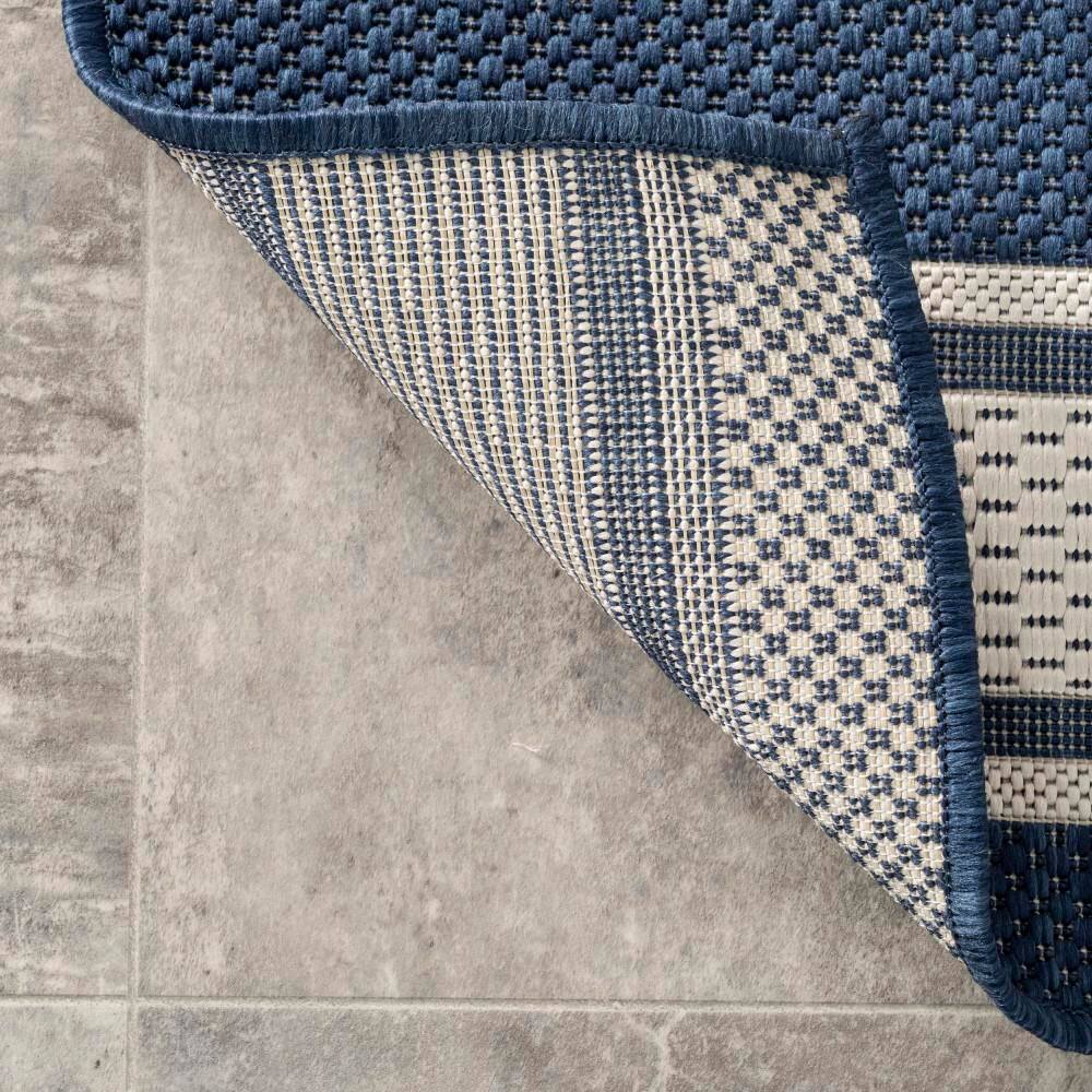Navy and White Round Synthetic Striped Area Rug, 6' 7"