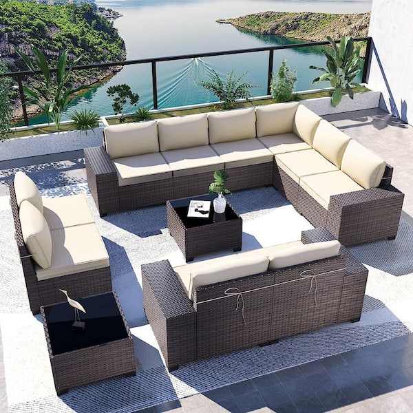Halmuz 12-Piece Wicker Outdoor Sectional Set with Cream Cushion