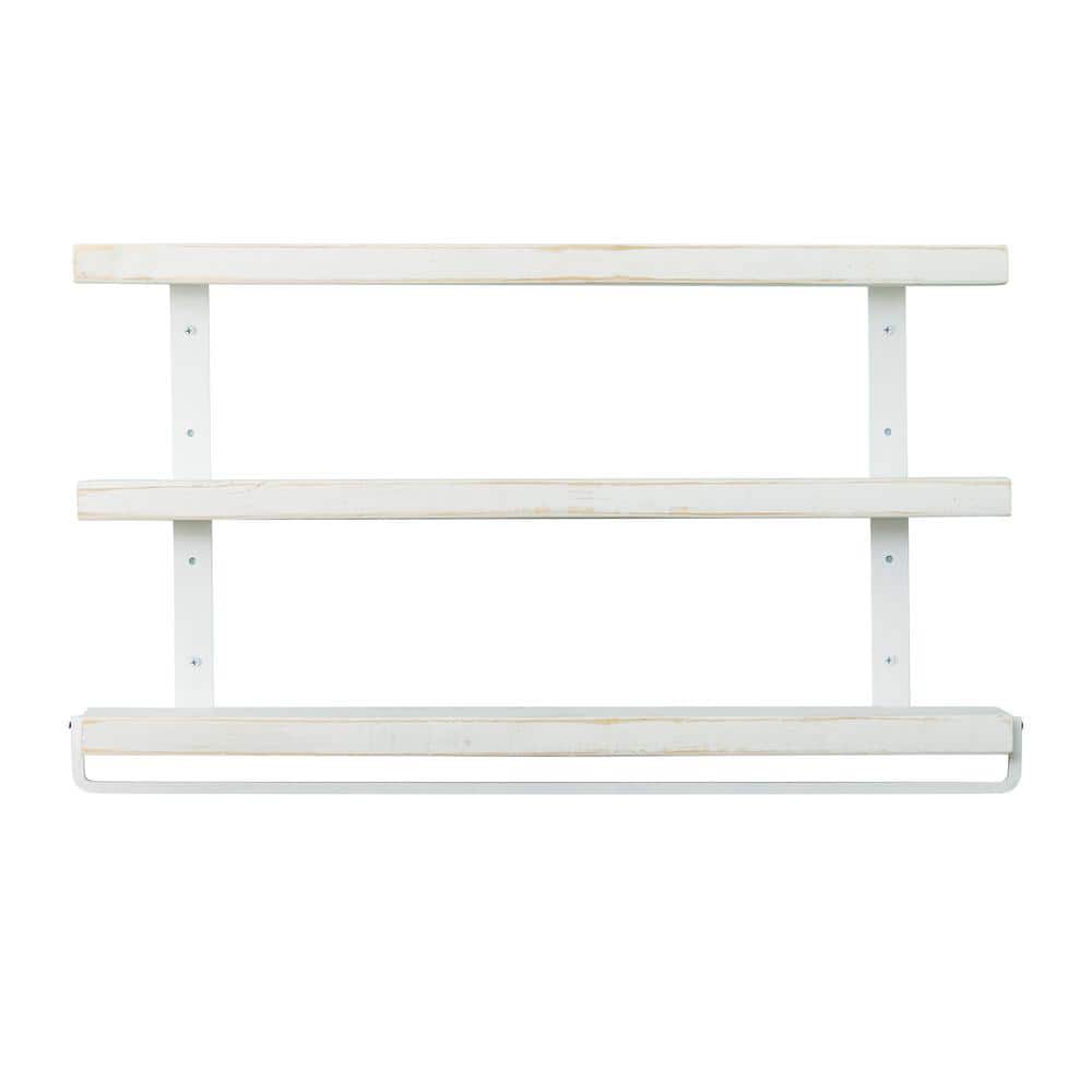 White 1 Shelf Wood Wall Shelf with Hooks