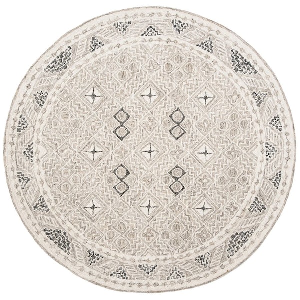 SAFAVIEH Micro-Loop Grey/Ivory 5 ft. x 5 ft. Multi-Diamond Border Round Area Rug
