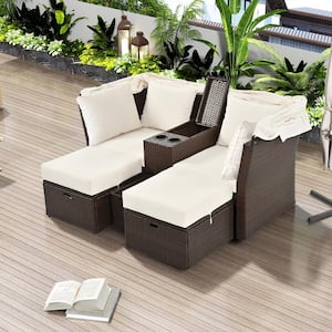Brown Wicker Outdoor Patio Day Bed with Beige Cushions, Foldable Awning, Cup Holders and Storage Box