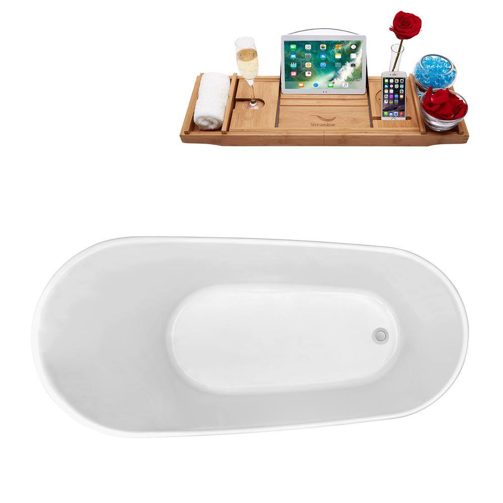 59" Glossy White Acrylic Freestanding Soaking Tub with Bamboo Tray
