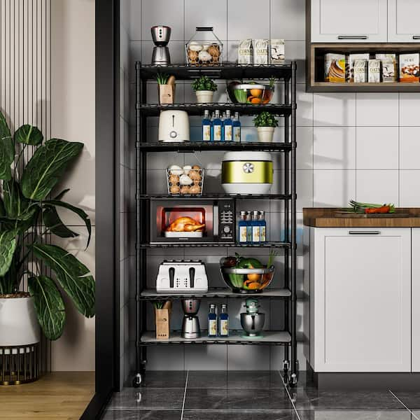 FUNKOL 7-Layer Metal Black Kitchen Organizers Storage Rack with Wheels, Adjustable Height, Suitable for Kitchen, Living Room