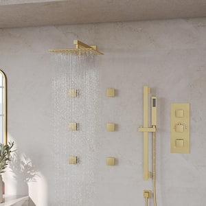 ZenithRain 5-Spray Dual Wall Mount 12 in. Fixed and Handheld Shower Head 2.5 GPM in Brushed Gold Valve Included