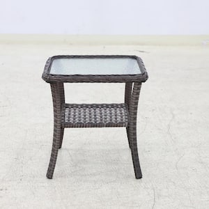 Brown Square Wicker Outdoor Patio Glass Top Double-Deck Side Table