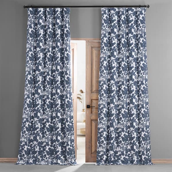 Exclusive Fabrics & Furnishings Fleur Blue Printed Cotton Blackout Curtain - 50 in. W x 108 in. L (1 Panel)