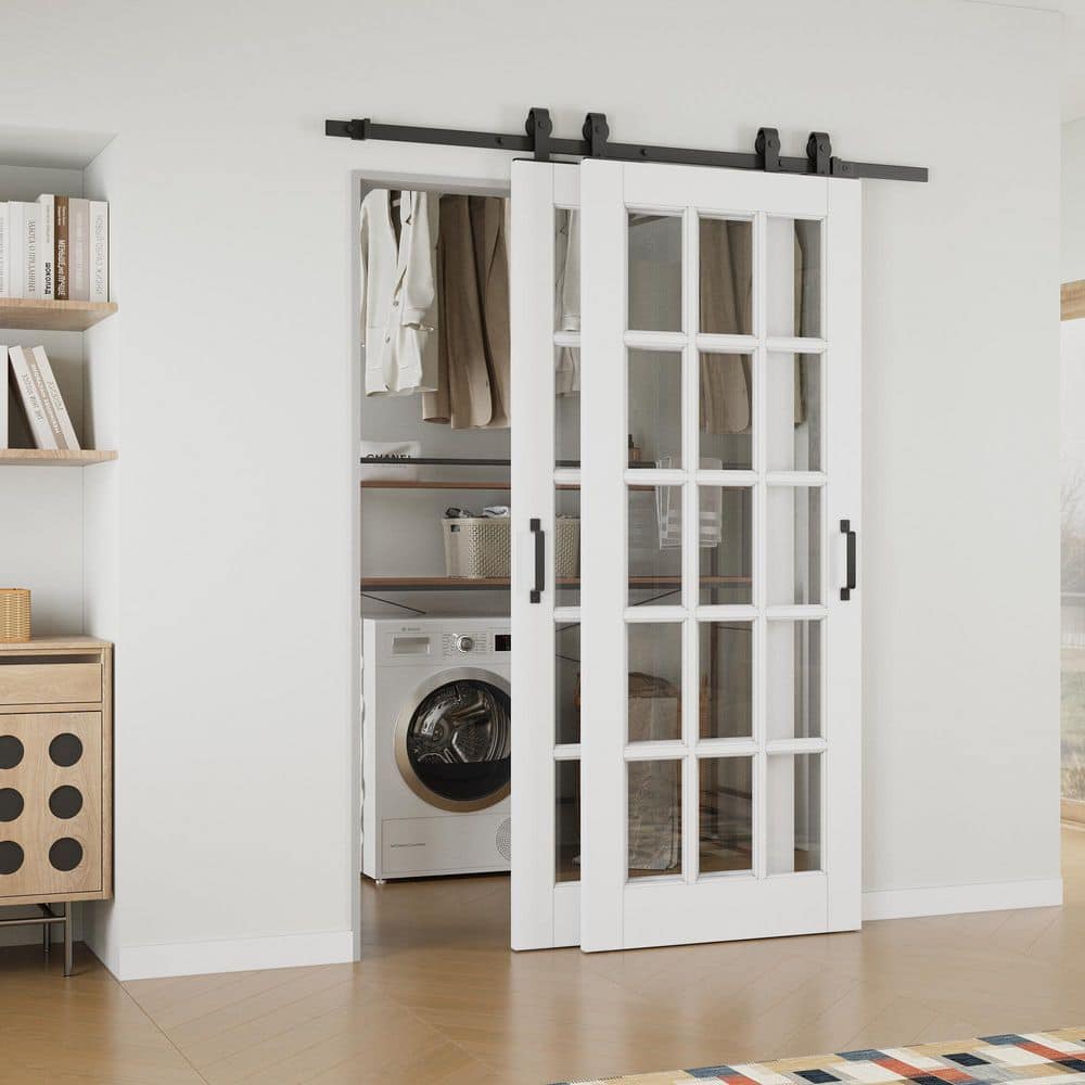 56 in. x 80 in. (Double 32 in.) 15-Lite Clear Glass White Primed MDF Sliding Barn Door with Hardware Kit Bypass price history on PriceWatchPro