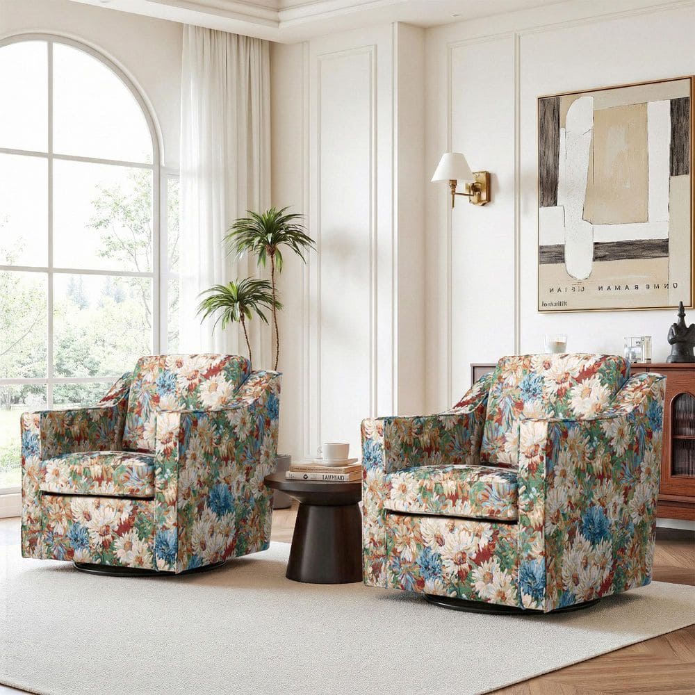 Uixe Modern Orange Blooms Line Upholstered Swivel Accent Barrel