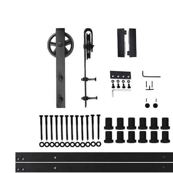 HOMACER 15 ft./180 in. Black Rustic Non-Bypass Sliding Barn Door Hardware Kit Spoke Wheel Design Roller for Single Door