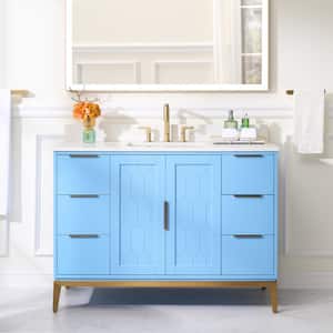 48 in.W x 22 in.D x 35 in.H Solid Wood Bath Vanity in Blue with White Quartz Top, Single Sink,Soft-Close Drawer and Door