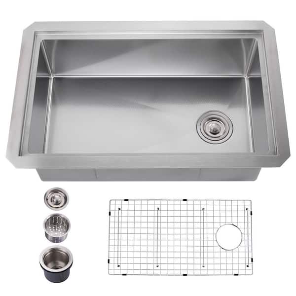 32 in. Drop-In/Undermount Single Bowl 16-Gauge Brushed Nickel Stainless Steel Kitchen Sink with Bottom Grids