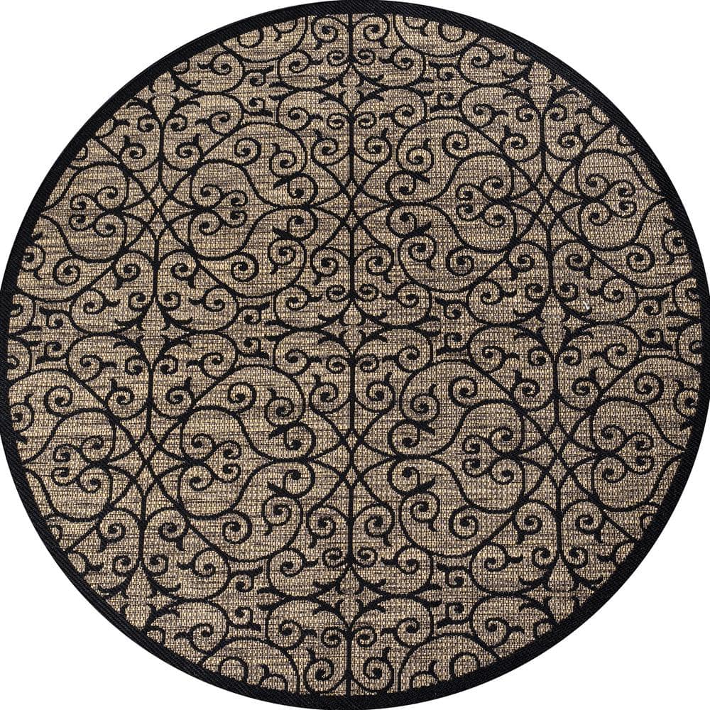 JONATHAN Y Madrid Vintage Filigree Textured Weave Black/Khaki 5 ft. Round Indoor/Outdoor Area Rug