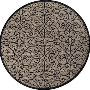 Madrid Vintage Filigree Textured Weave Black/Khaki 4 ft. Round Indoor/Outdoor Area Rug