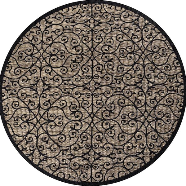 Madrid Vintage Filigree Textured Weave Black/Khaki 4 ft. Round Indoor/Outdoor Area Rug