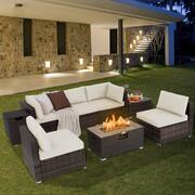 8-Piece Patio Rattan Furniture Set Fire Pit Table Tank Holder Cover Deck Off White