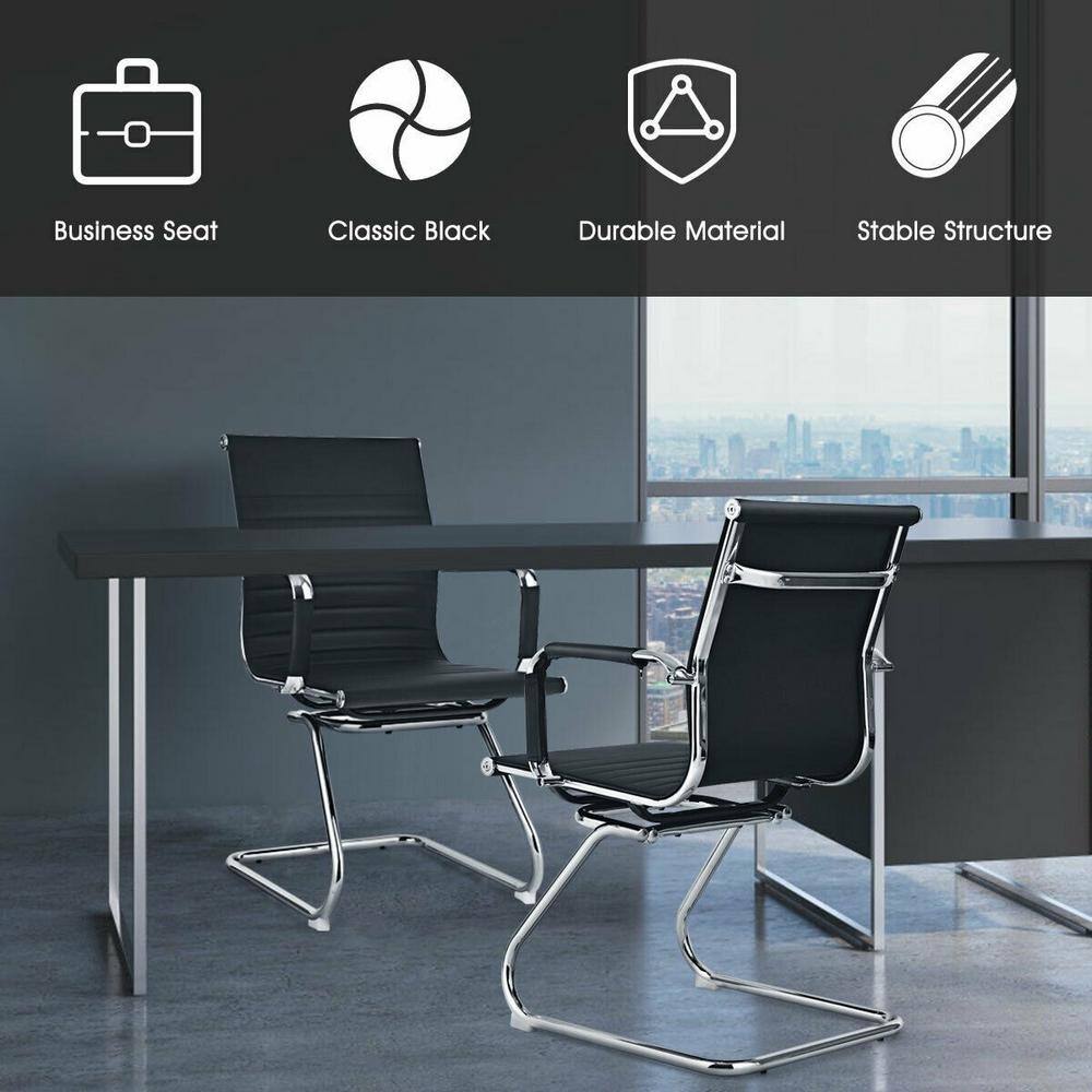 Black Leather Ergonomic Office Guest Chairs with Metal Frame