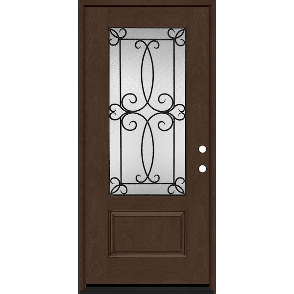 Regency 36 in. x 80 in. 3/4-Lite Georgian Decorative Glass LHIS Hickory Mahogany Fiberglass Prehung Front Door