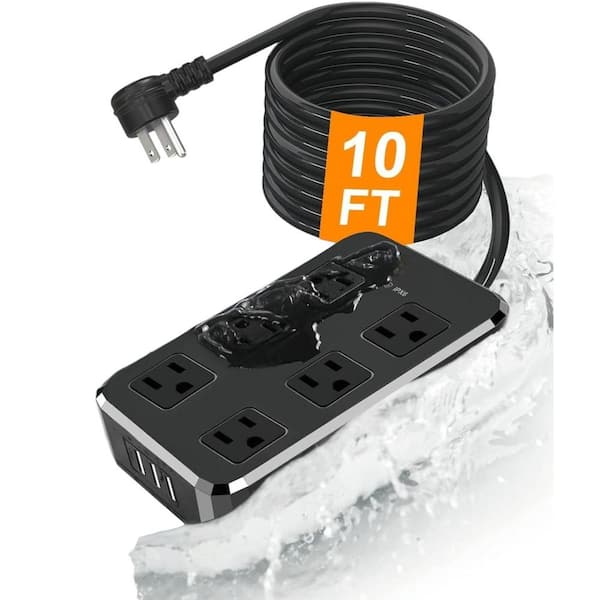 Unbranded 10 ft. 6-Outlets Waterproof Surge Protector Power Strip with Overload Protection and 3-USB-A Ports in Black