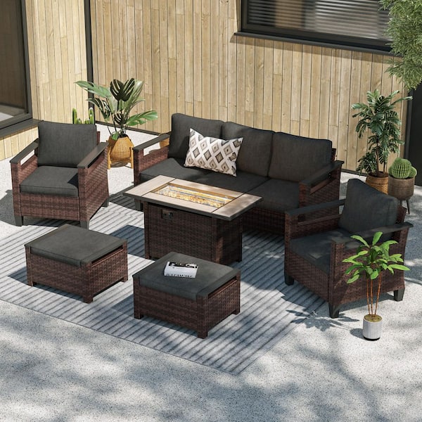 JOYESERY 6-Pieces Patio Conversation with Rectangle Fire Table Set Wide Armrests High Back Sofa Brown Wicker Black Cushion