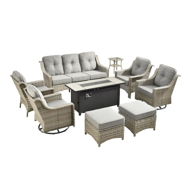 Eureka 9-Piece Wicker Patio Conversation Sofa Swivel Chair Set with Metal Fire Pit Table and Dark Gray Cushions