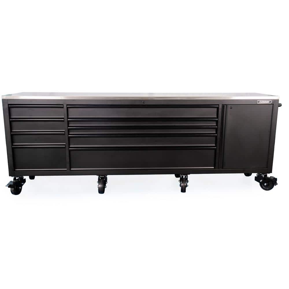 108 in. W x 24 in. D 9-Drawer Heavy-Duty Mobile Workbench with Stainless Steel Top in Matte Black -  Husky, HOTCA809BB1M
