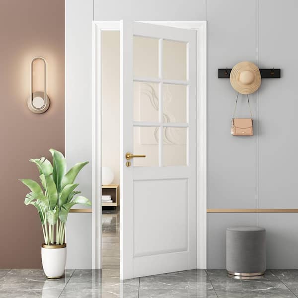 30 in. x 96 in. Melissa 6-Lite Clear Tempered Glass French Interior Door White Solid Core MDF Interior Door Slab