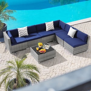 Grey 7-Piece PE Wicker Outdoor Patio Conversation Chair Set and a Coffee Table Furniture with Navy Blue Cushion