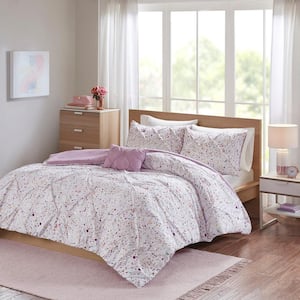 Lara 4-Piece Plum Full/Queen Polyester Metallic Printed and Pintucked Duvet Cover Set