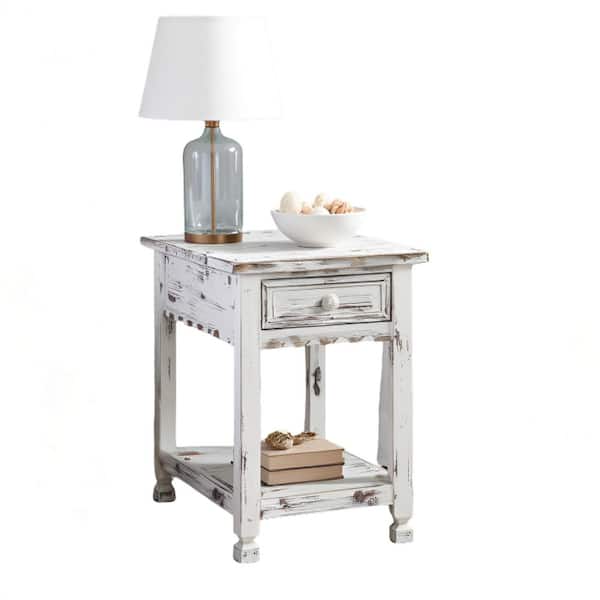 Alaterre Furniture Country Cottage 23 in. W Wood End Table with Drawer, Rectangular White Antique Farmhouse Side Table or Rustic Nightstand
