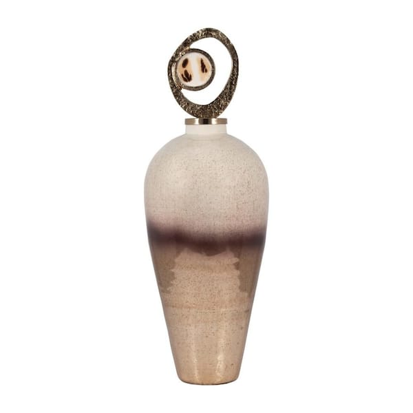27 in. Bronze Glass Round 2-Tone Decorative Vase with Metal Swirl Topper