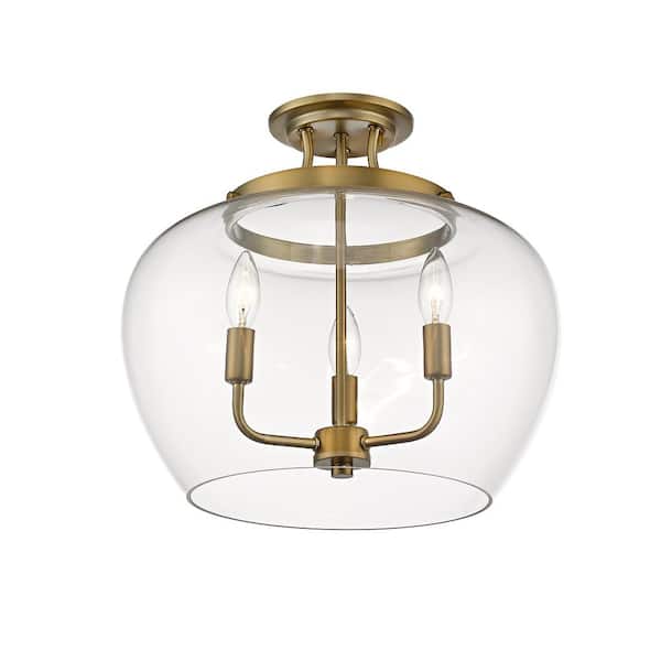 Unbranded - 15.75 in. 3-Light Olde Brass Semi-Flush Mount with Clear Glass