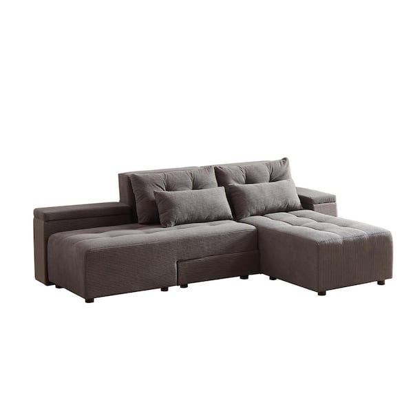 Noble House Brannix 94 in. Upholstered Corduroy 3-in-1 Convertible Modern Sectional Sofa in. Grey with Storage, Pillows, Tufted