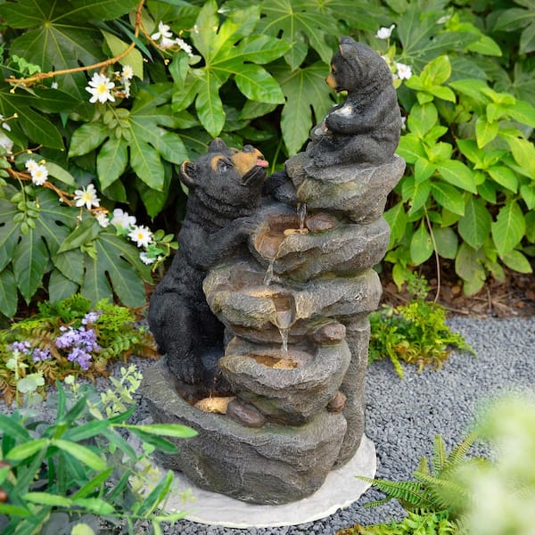 30.5 in. H 4-Tiered Mom and Baby Bear Polyresin Outdoor Fountain with Pump and LED Light
