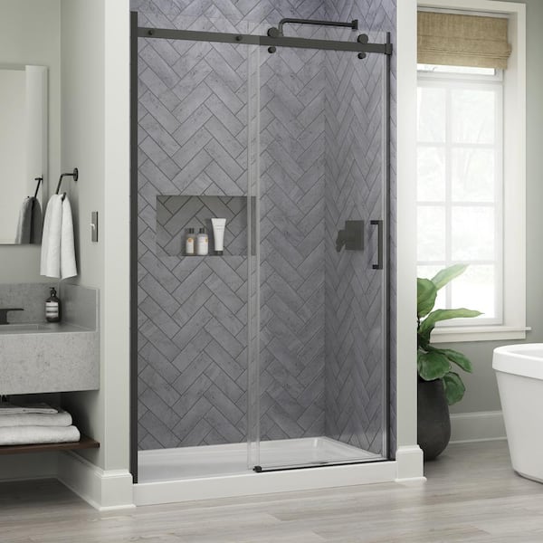 Delta Commix 48 in. x 76 in. Frameless Exposed Roller Sliding Shower Door in Black with 5/16 in. (8mm) Tempered Clear Glass