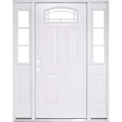64 in. x 80 in. Camber Top White Right-Hand 12in. 3-Lite Sidelites Primed Steel Prehung Front Door with 6-9/16 in. Frame