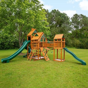 Treasure Trove II Treehouse Wooden Outdoor Playset with 3 Slides, Clatter Bridge, and Backyard Swing Set Accessories