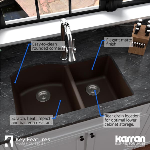 Karran 32 Undermount Quartz Composite Kitchen Sink, 60/40 Double Bowl, White, QU-610-WH-PK1