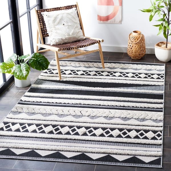 Cottage Ivory/Black 7 ft. x 7 ft. High-Low Striped Indoor/Outdoor Square Area Rug