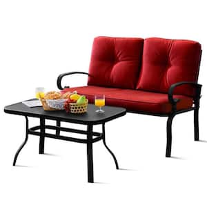 2-Piece Metal Patio Conversation Set Loveseat Bench Table Furniture Set with Red Cushioned Chair