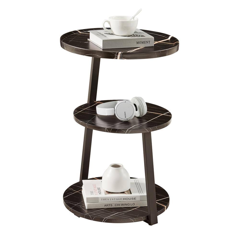 Skylar White Marble and Black Metal 3-Tier Round Accent Table