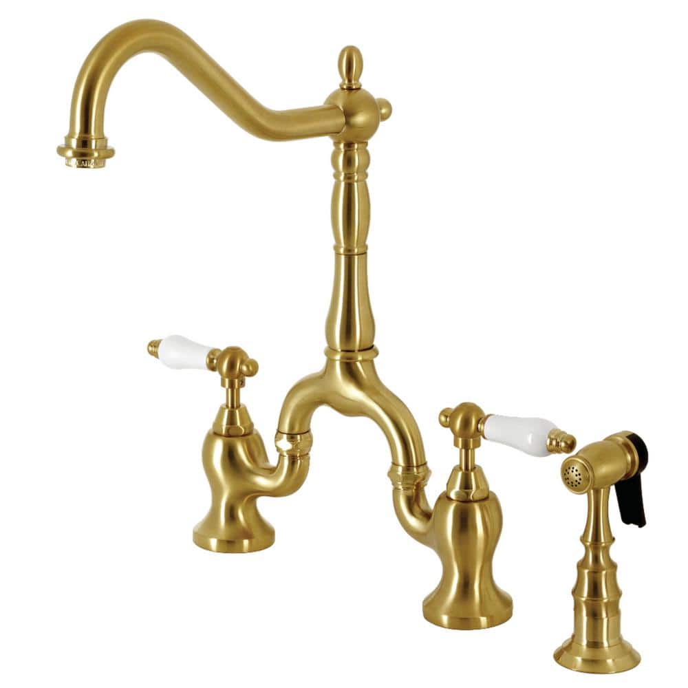 English Country Double Handle Deck Mount Bridge Kitchen Faucet with Brass Sprayer in Brushed Brass price history on PriceWatchPro
