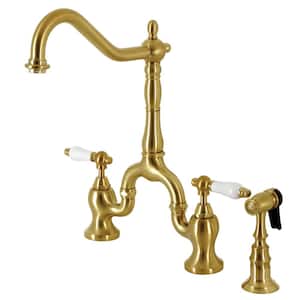 English Country Double Handle Deck Mount Bridge Kitchen Faucet with Brass Sprayer in Brushed Brass