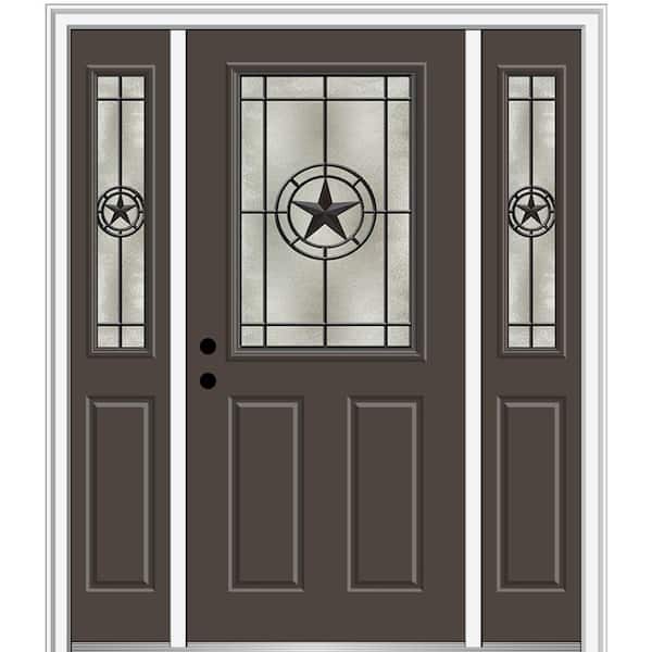 MMI Door Elegant Star 64.5 in. x 81.75 in. 1/2 Lite Decorative Glass Brown Painted Fiberglass Prehung Front Door