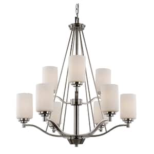 Mod Pod 9-Light Brushed Nickel Tiered Chandelier Light Fixture with Frosted Glass Cylinder Shades