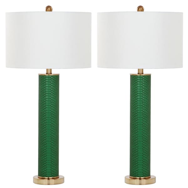 SAFAVIEH Ollie 31.5 in. Dark Green Faux Snakeskin Table Lamp with Off-White Shade (Set of 2)