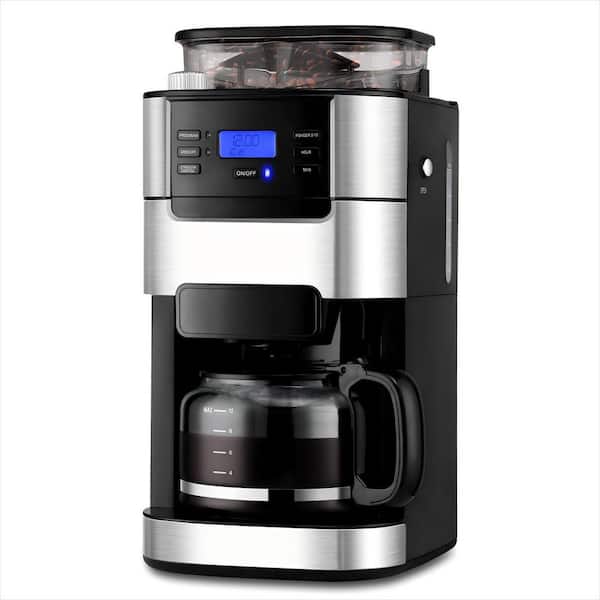 10-Cup Drip Coffee Maker with Built-in Grinder, Programmable Brew Coffee Machine with Timer, Black