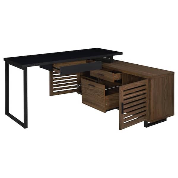 Benjara Doxx 60 in. L-Shaped Black Metal and Walnut Wood 3-Drawer