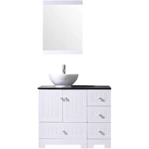 36.4 in. W x21.7 in. D x 60 in. H Single Sink Bath Vanity in White with Black Countertop and Round Sink and Mirror