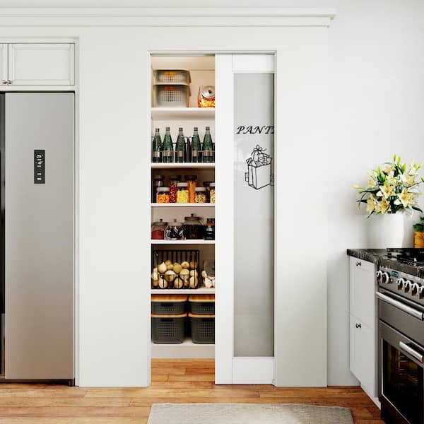 26 in. x 80 in. 1-Lite Frosted Glass White Primed Wood Pocket Door with Hardware (Soft Close and Pantry Sticker-A Incl)