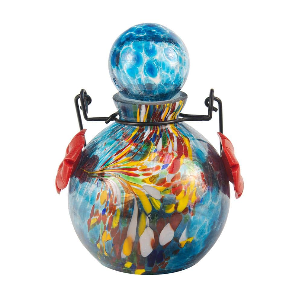 Hand-Blown Blue Glass Solar Hanging Hummingbird Feeder